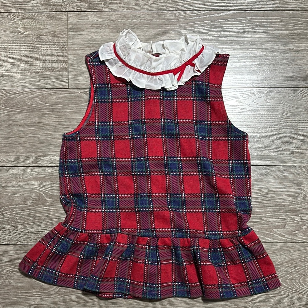 Red Plaid Sleeveless Top with Ruffle Collar